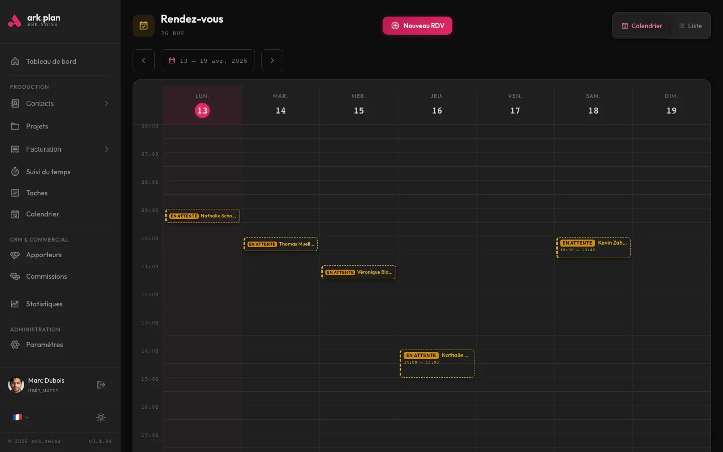 Liste des rendez-vous dans l'admin arkplan