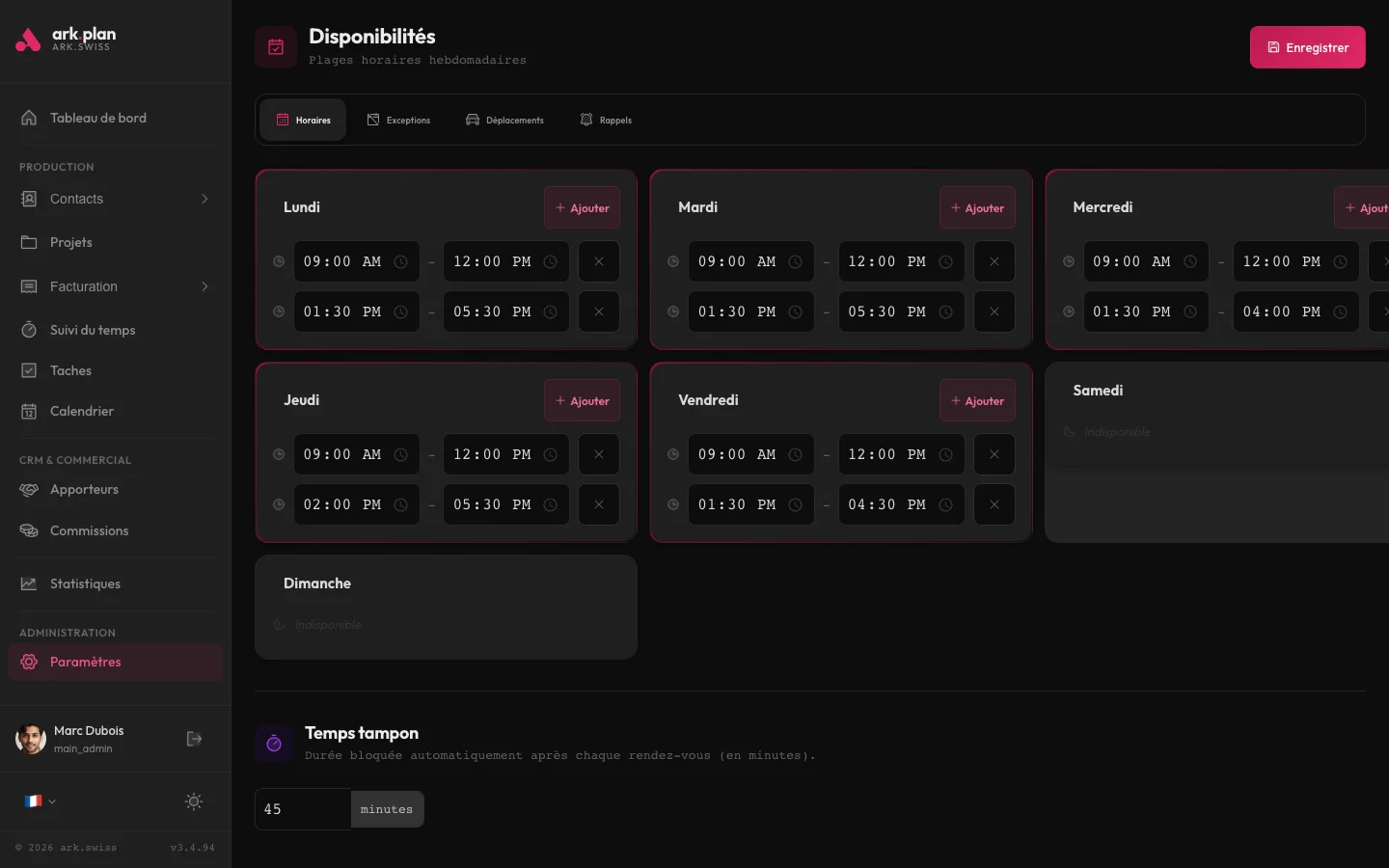 Page de configuration des disponibilités avec 7 jours de la semaine et créneaux horaires