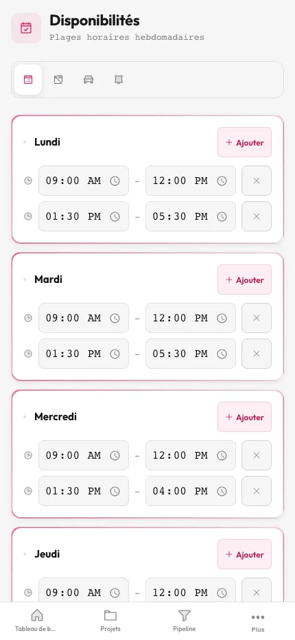 Page de configuration des disponibilités avec 7 jours de la semaine et créneaux horaires