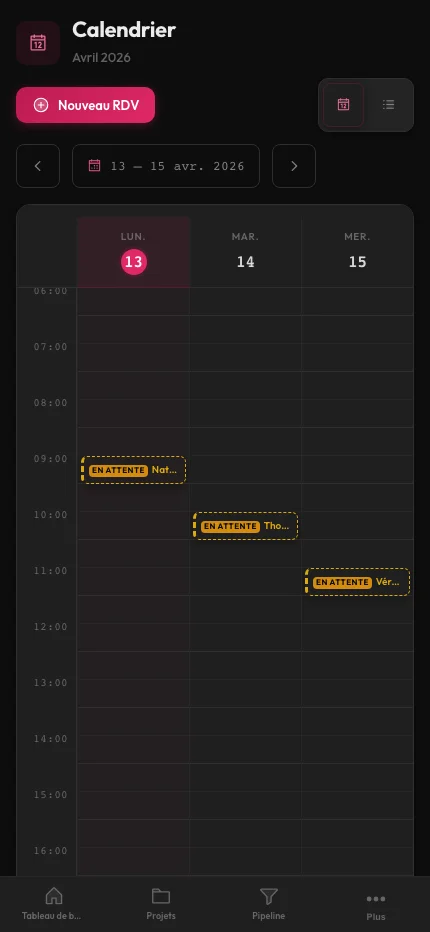 Agenda admin arkplan — vue mensuelle avec rendez-vous colorés - mobile