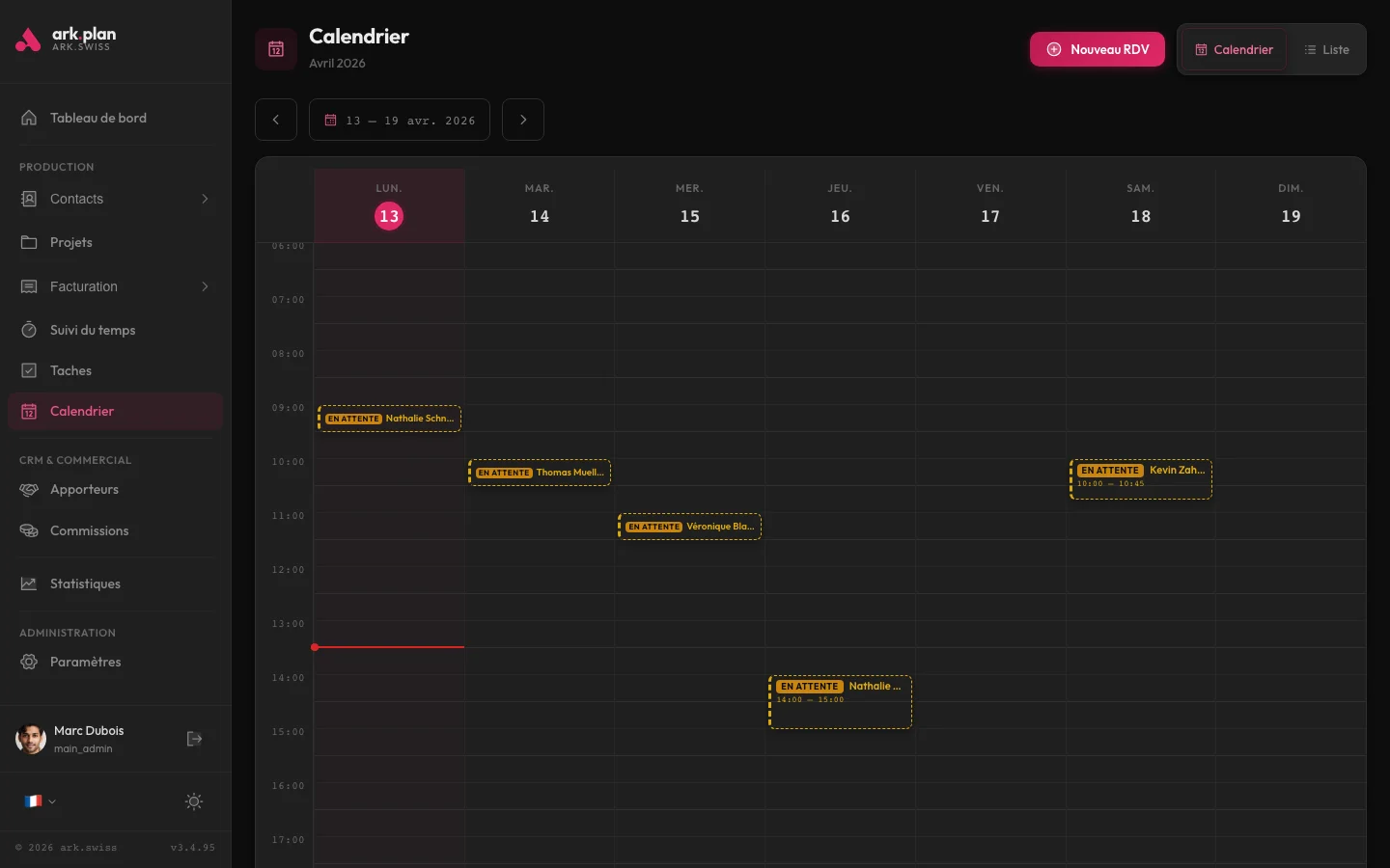 Calendrier unifié arkplan agrégeant rendez-vous, tâches et factures échues