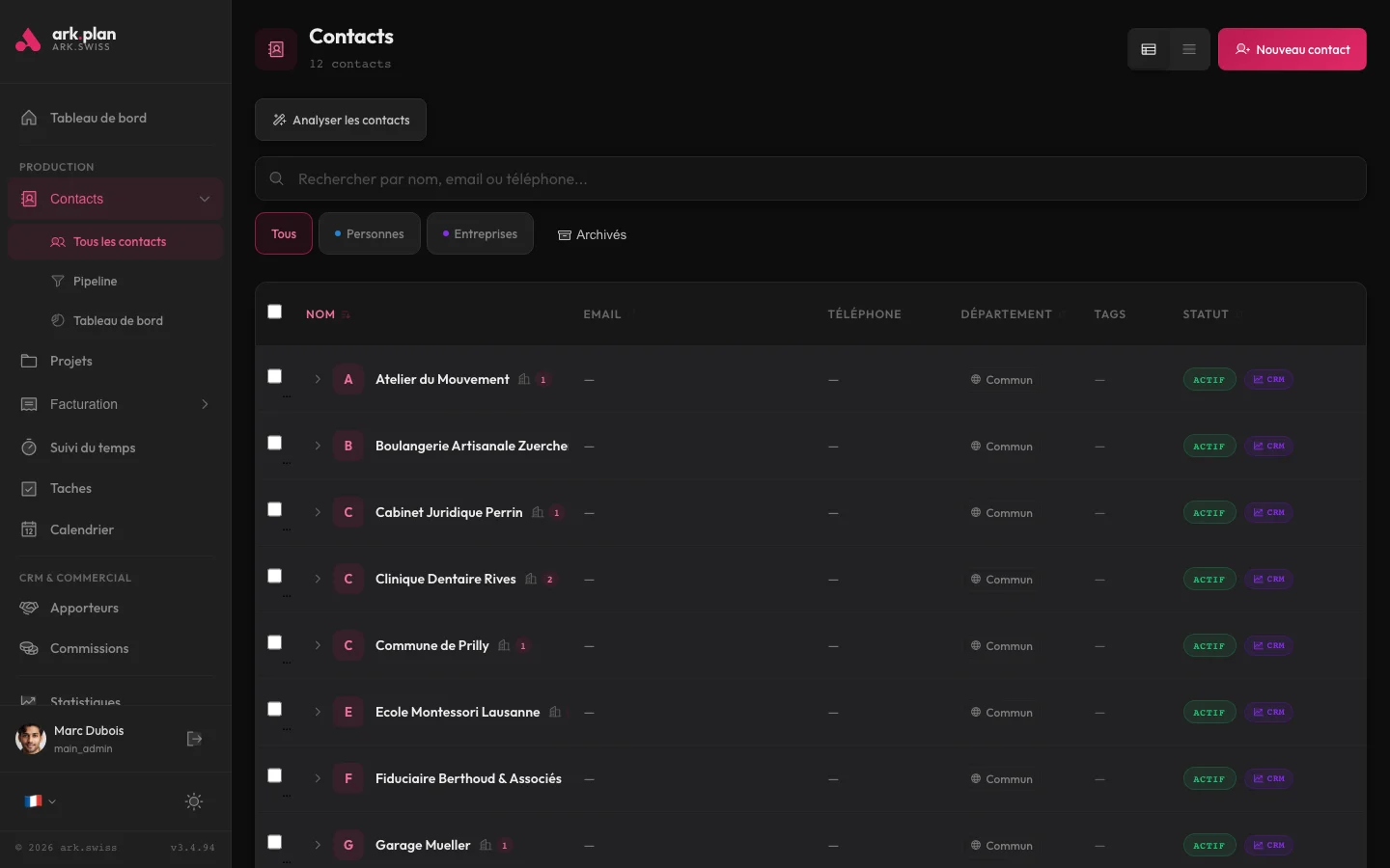 Fiche prospect arkplan — aperçu avec stats, tags, projets et notes