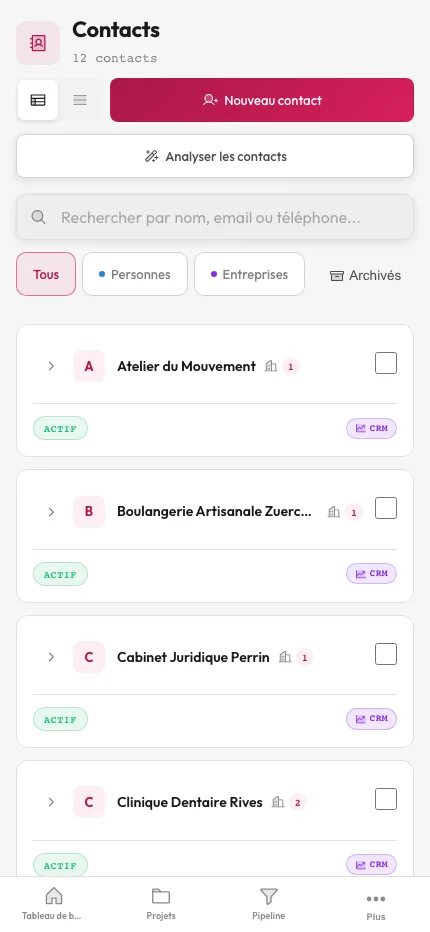 Fiche prospect arkplan — aperçu avec stats, tags, projets et notes