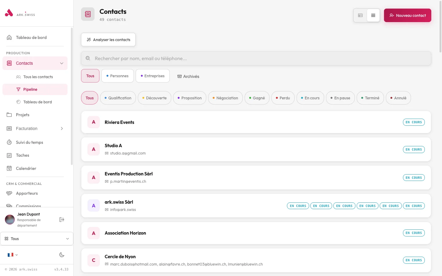 arkplan CRM pipeline — drag-and-drop columns with prospect, qualified, proposal, won stages