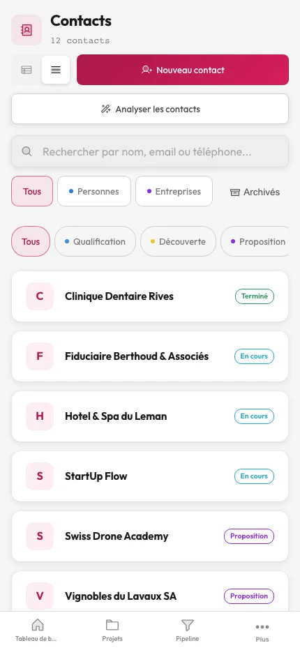 Pipeline CRM arkplan — liste de prospects filtrés par étape