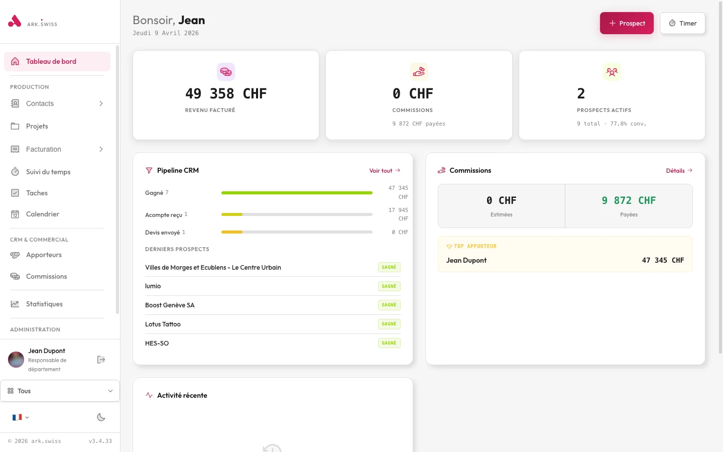 Reales ark.plan Dashboard mit CRM-Pipeline und Zeiterfassung
