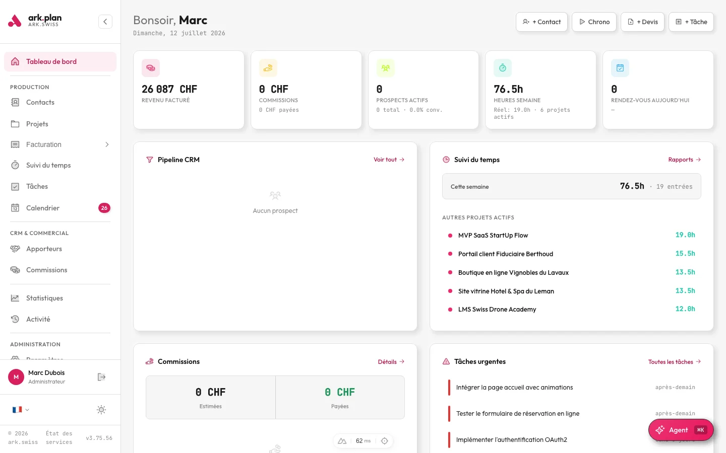 Tableau de bord réel d’ark.plan avec pipeline CRM et suivi du temps
