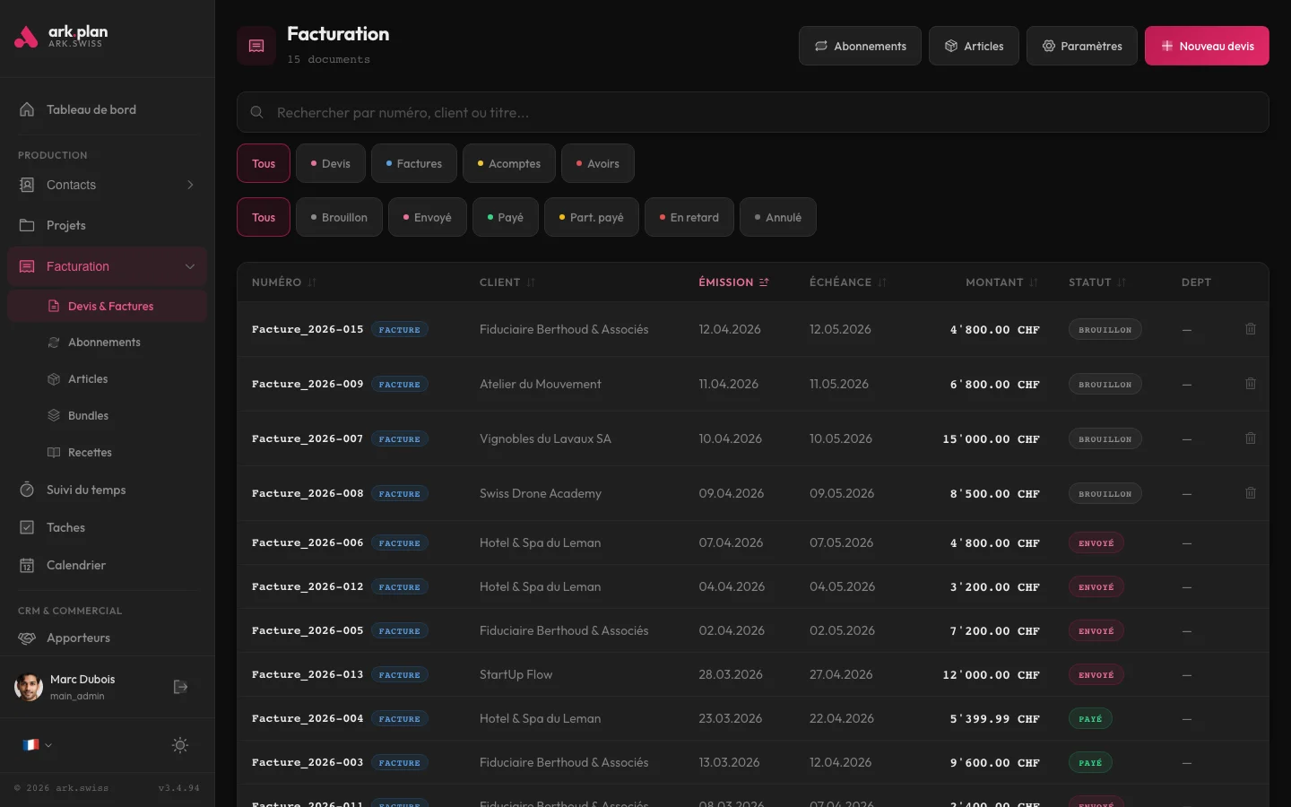 Liste des devis et factures arkplan avec numérotation, statuts et montants