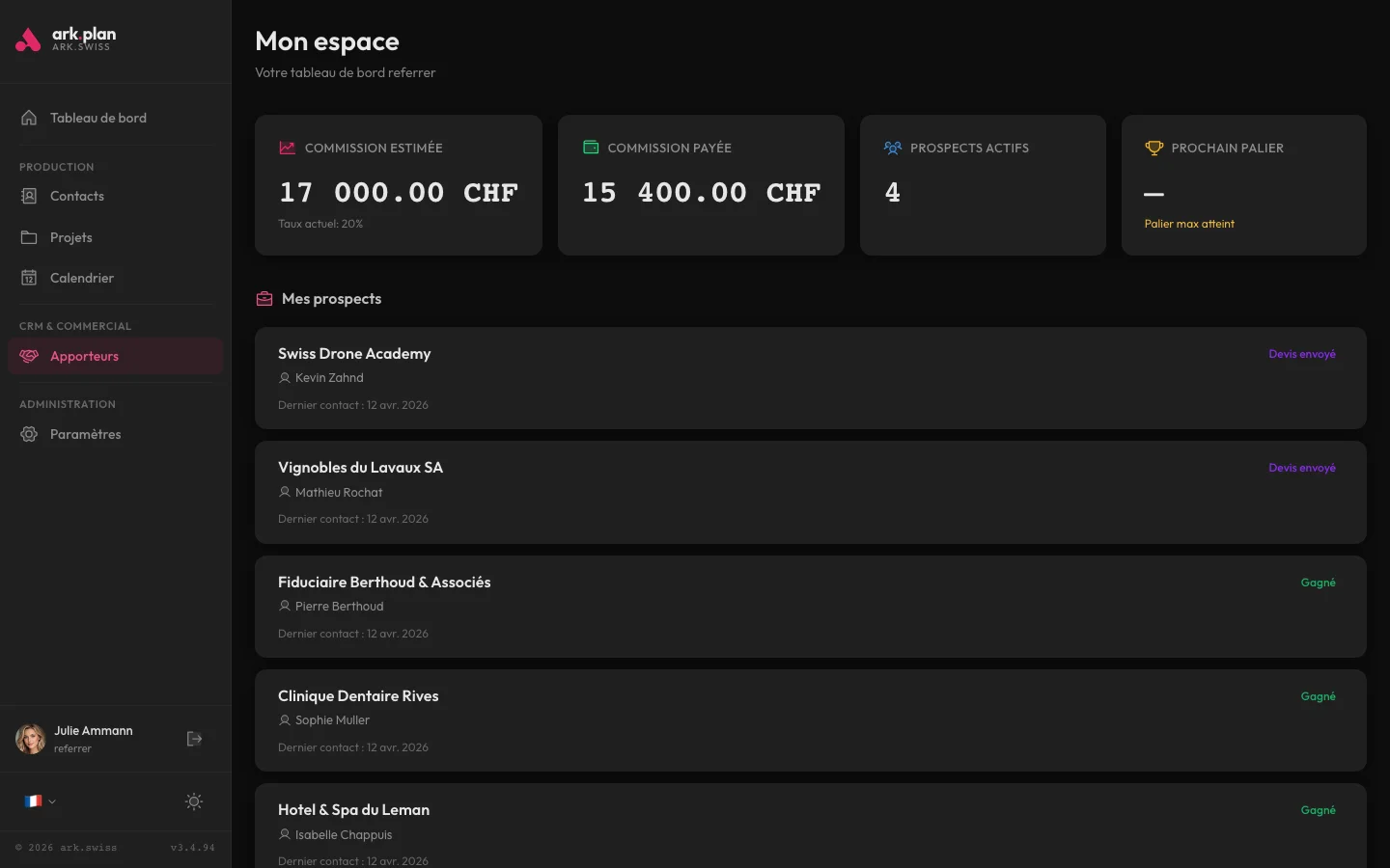 Dashboard apporteurs d'affaires arkplan avec commissions estimées et payées