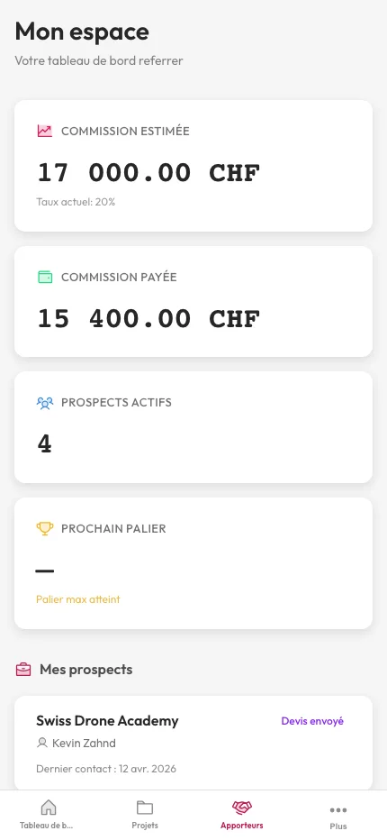 Dashboard apporteurs d'affaires arkplan avec commissions estimées et payées