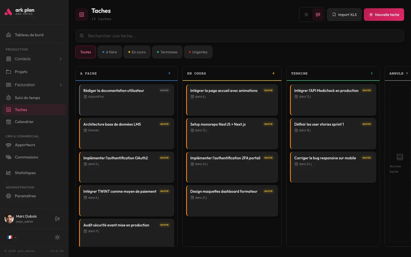 Vue admin des tâches arkplan avec filtres par statut et listing kanban