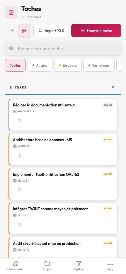 Vue admin des tâches arkplan avec filtres par statut et listing kanban