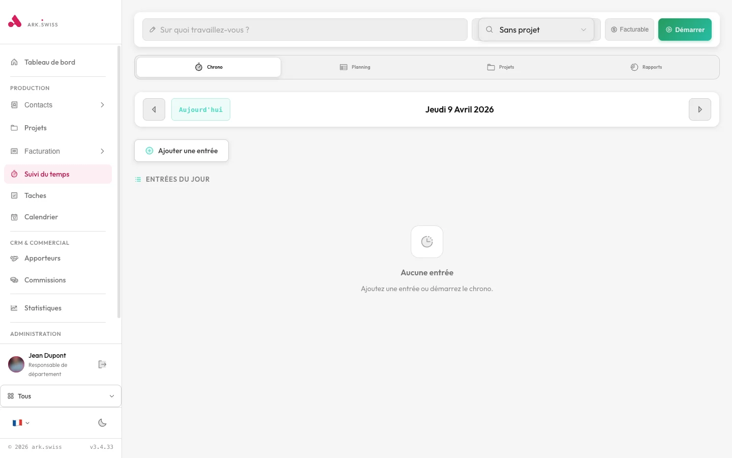 Realer Bildschirm zur projektbezogenen Zeiterfassung in ark.plan