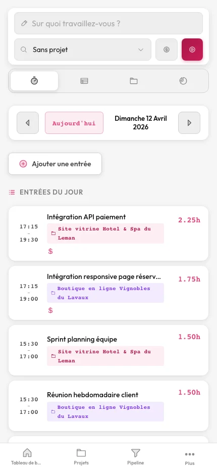 Interface time tracking arkplan avec chronomètre, liste d'entrées et projets actifs
