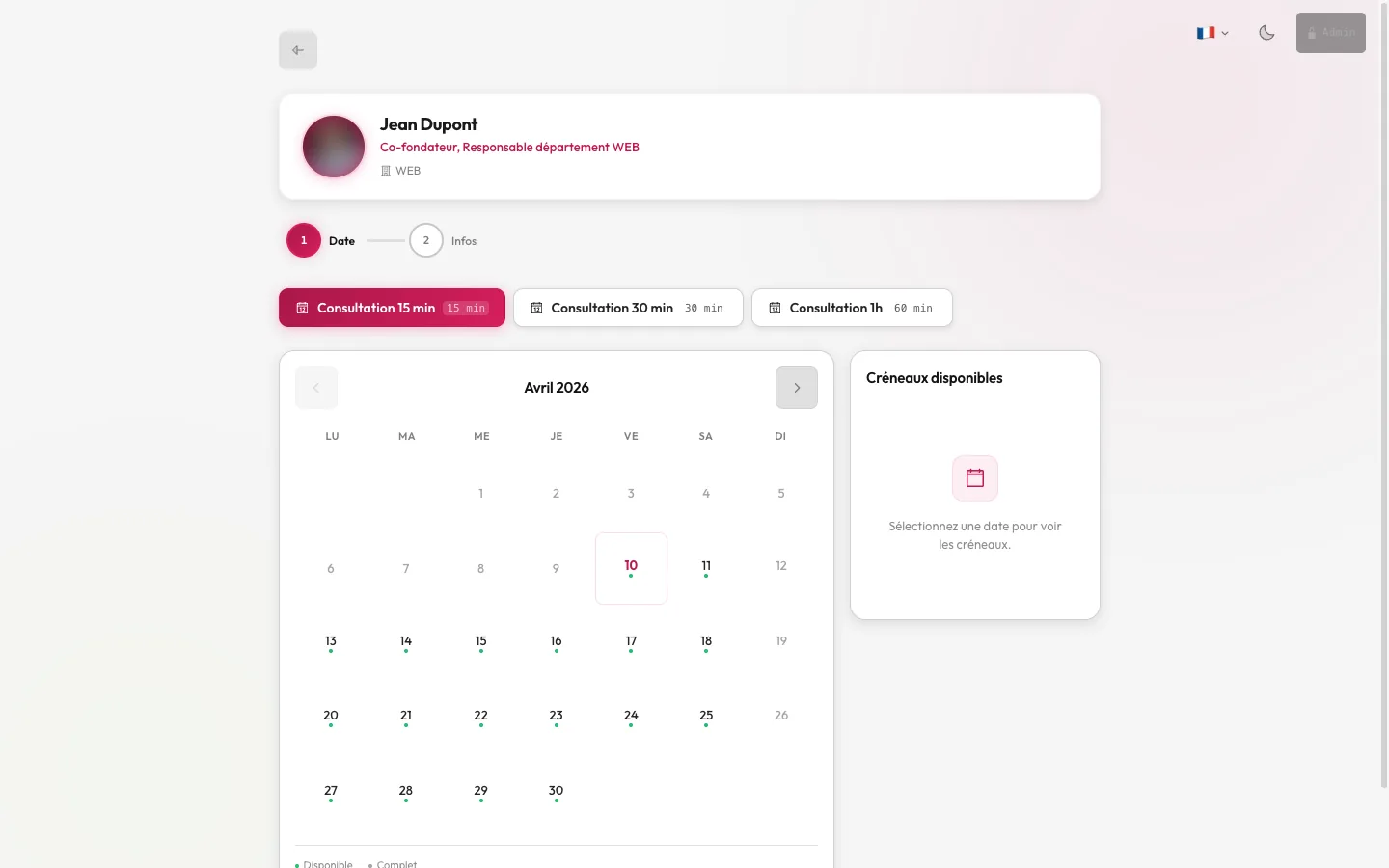 arkplan booking page — slot selection with monthly calendar