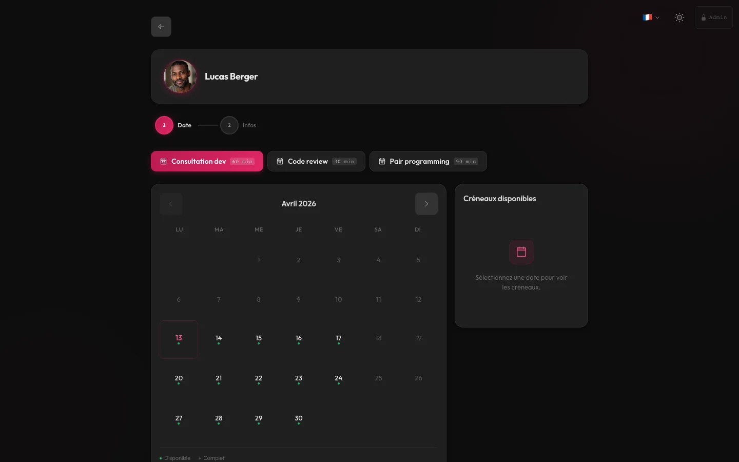 Page de réservation publique d'un praticien avec choix de créneau