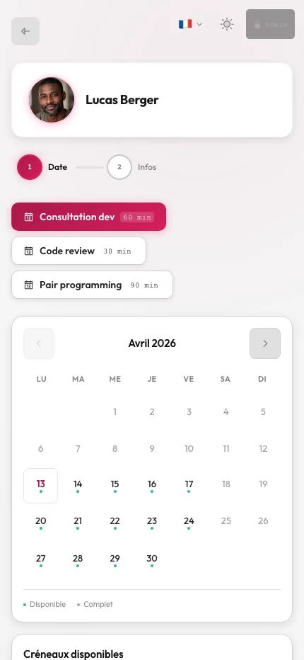 Page de réservation publique d'un praticien avec choix de créneau