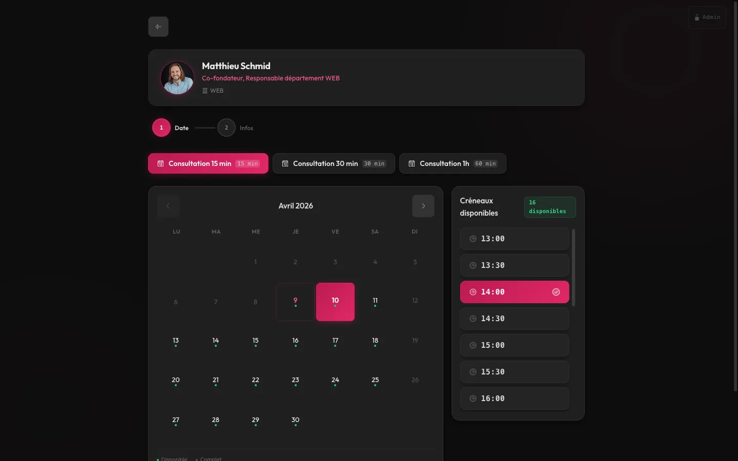 Page de réservation publique arkplan avec calendrier, types de rendez-vous et créneaux disponibles