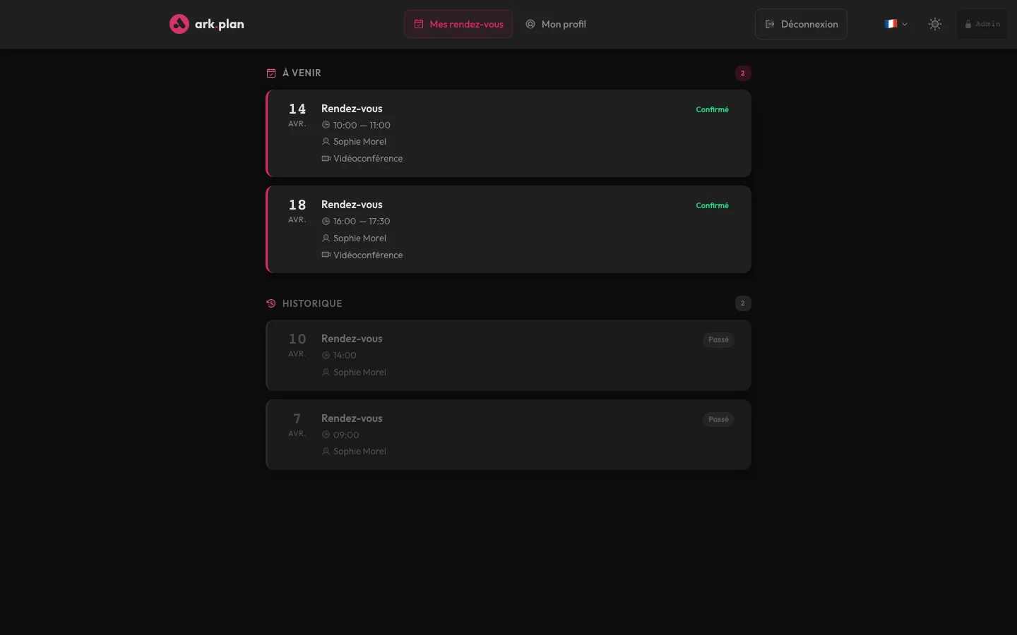 Espace client arkplan — rendez-vous à venir et historique