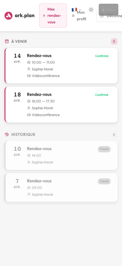 Espace client arkplan — rendez-vous à venir et historique