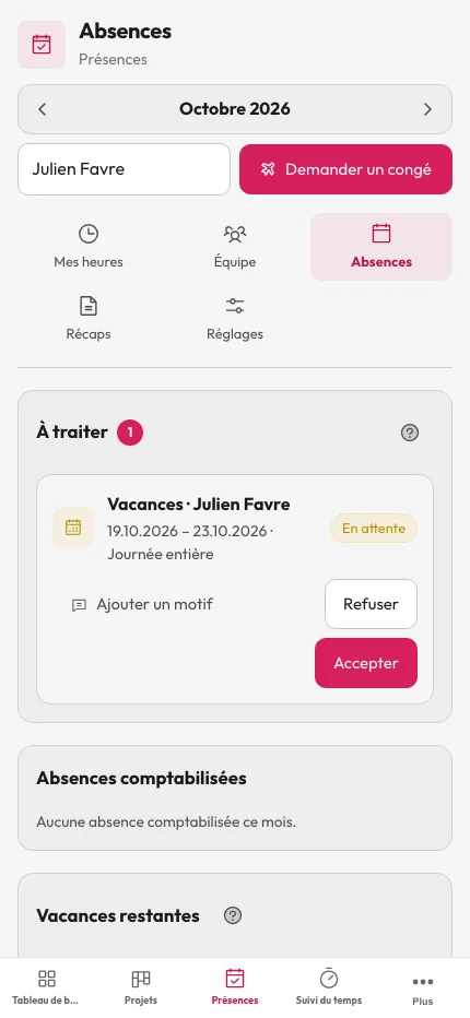 Présences — demande de vacances en attente avec boutons Accepter et Refuser