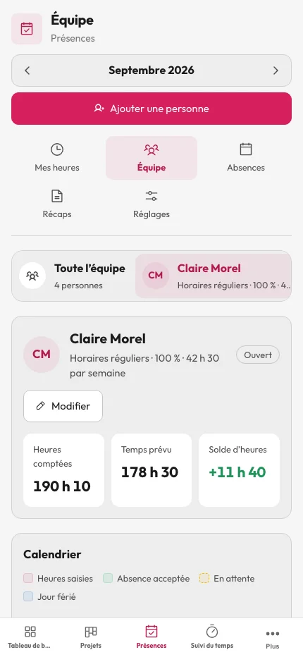 Présences — vue Équipe avec contrats, soldes et calendrier du mois