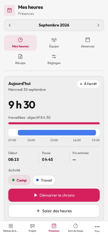 Présences — journée en cours avec heures travaillées, frise horaire, récapitulatif mensuel et solde