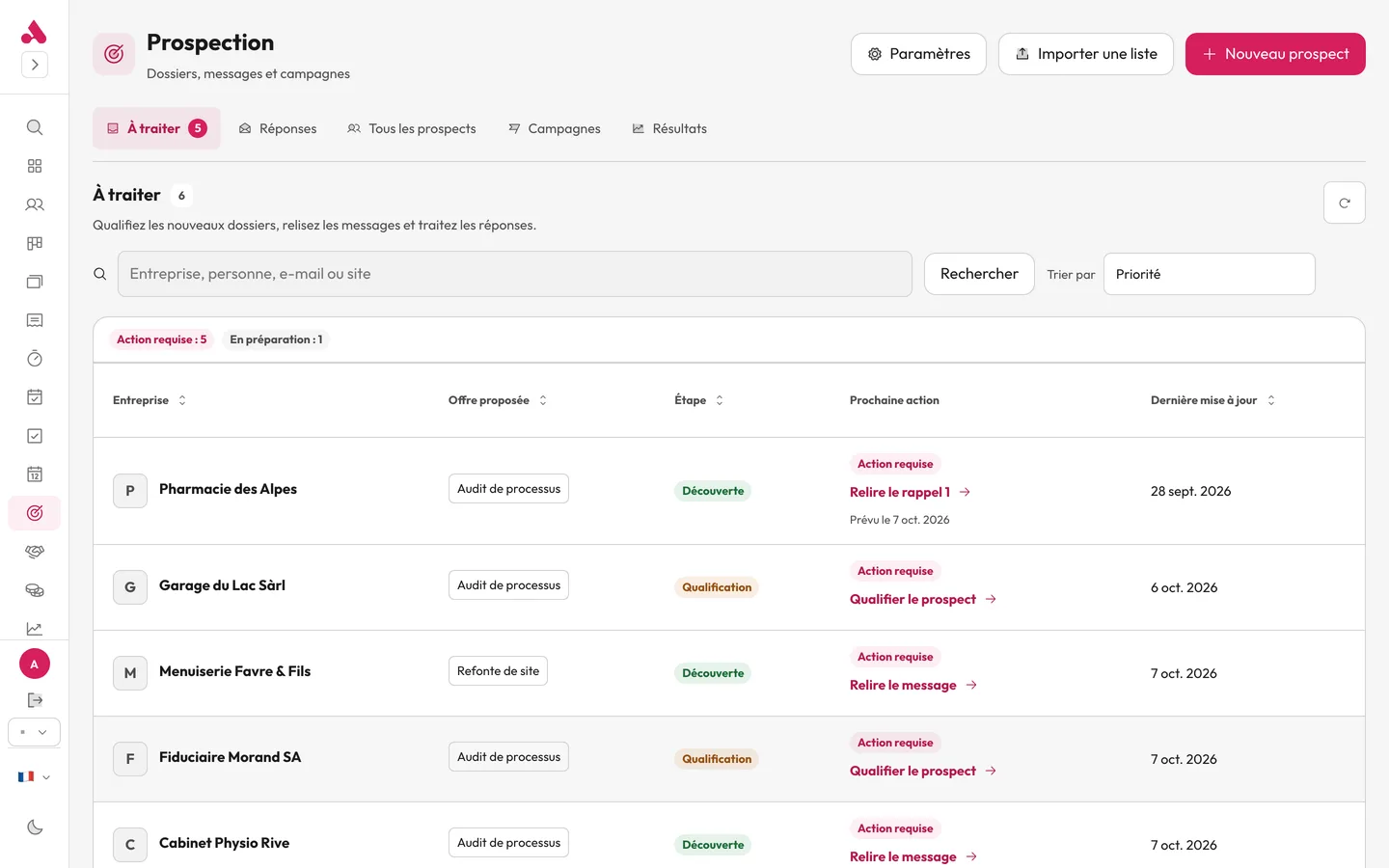 Liste « À traiter » de la démo ark.plan : entreprises, offre proposée, étape et prochaine action
